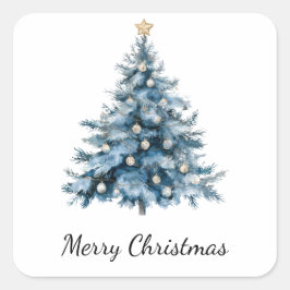 Blue Winter Christmas Tree Gold Star Quadratischer Aufkleber