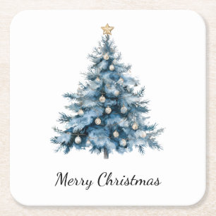 Blue Winter Christmas Tree Gold Star Rechteckiger Pappuntersetzer