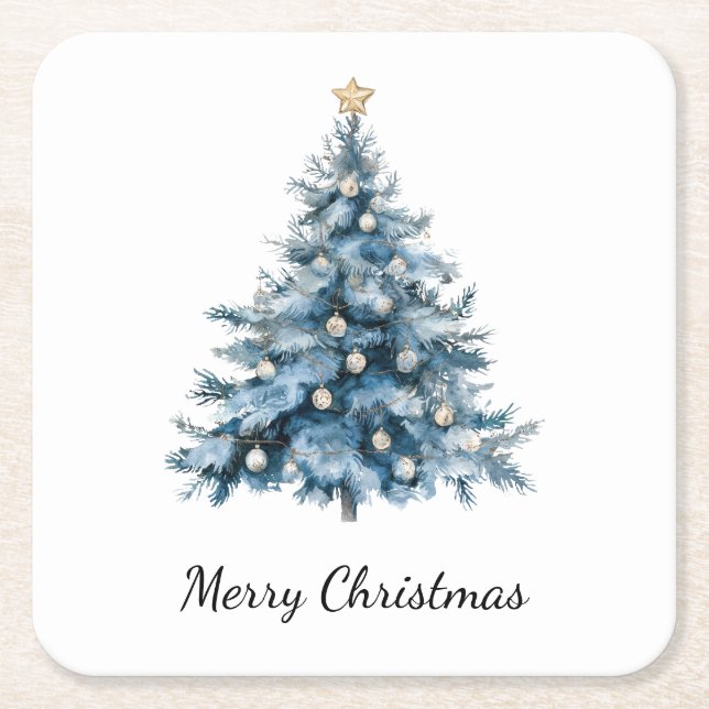 Blue Winter Christmas Tree Gold Star Rechteckiger Pappuntersetzer (Vorderseite)