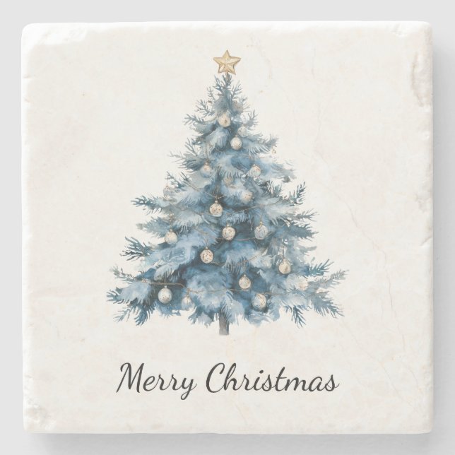 Blue Winter Christmas Tree Gold Star Steinuntersetzer (Vorderseite)