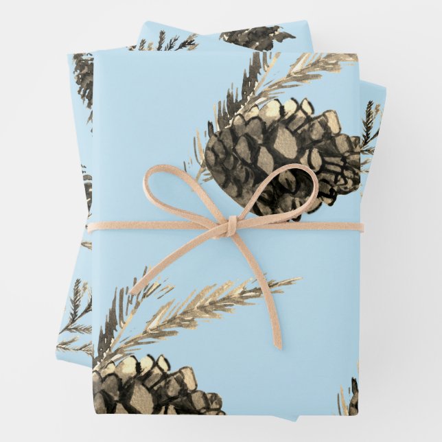 Blue Winter Christmas Tree Pine Branch Cones Geschenkpapier Set (Beispiel)