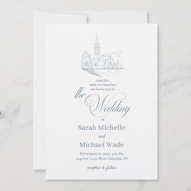Blue Winter Church Calligraphy Wedding Invitation Einladung (Vorderseite)