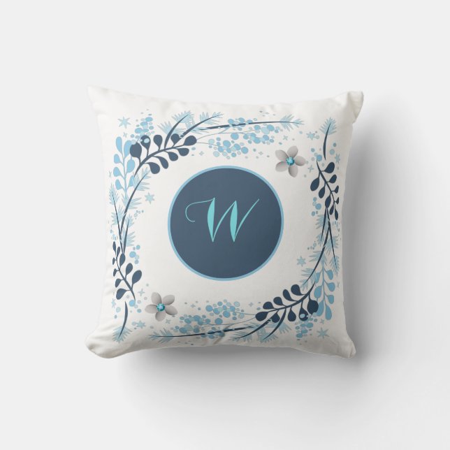 Blue Winter Floral Monogram Kissen (Vorderseite)