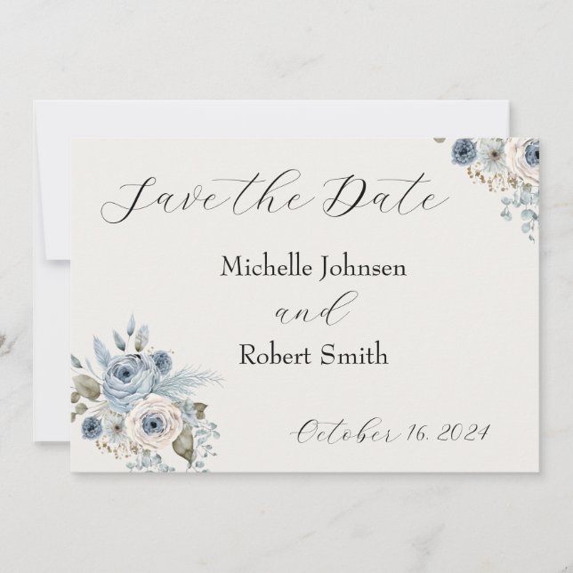 Blue Winter Floral Save the Date Card (Vorderseite)