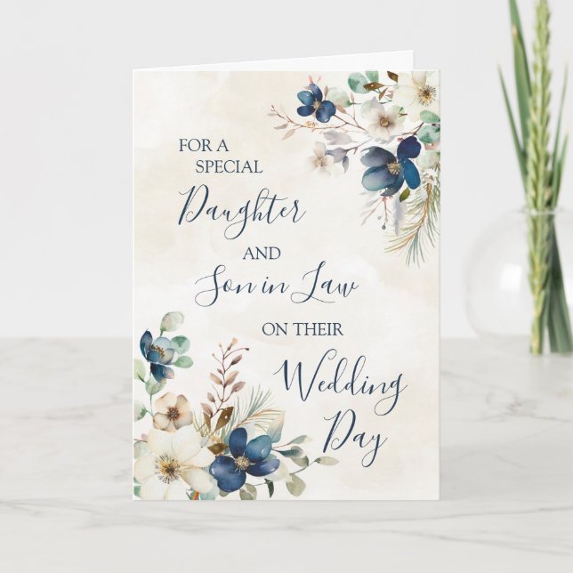 Blue Winter Floral Wedding Day Daughter Son in Law Dankeskarte (Vorderseite)