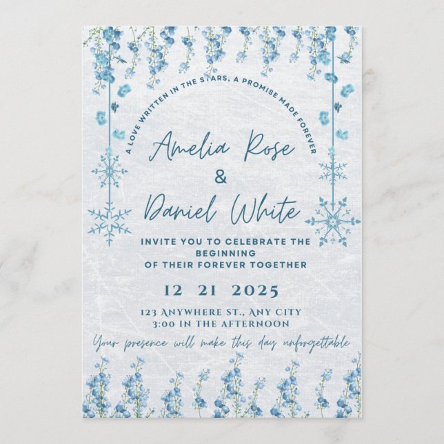 Blue Winter Floral Wedding Invitation  Einladung (Vorderseite)