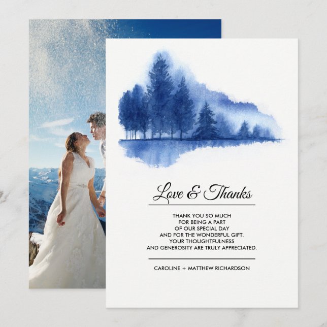 Blue Winter Forest Vielen Dank für Ihre Hochzeit F Dankeskarte (Vorne/Hinten)