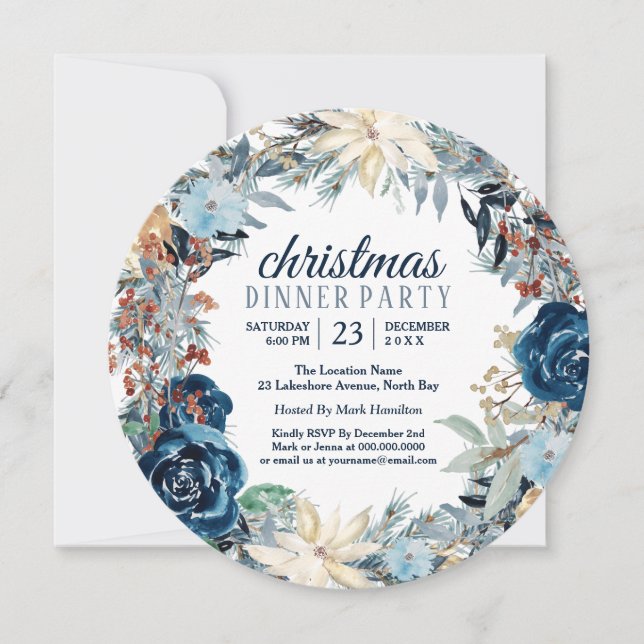 Blue Winter Frost Holiday Wreath Party Einladung (Vorderseite)
