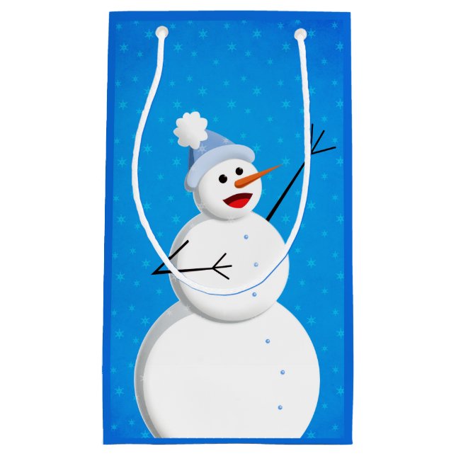 Blue Winter Happy Snowman Kleine Geschenktüte (Vorderseite)