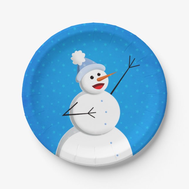 Blue Winter Happy Snowman Pappteller (Vorderseite)