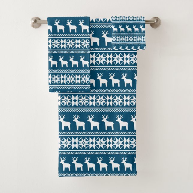 Blue Winter Holiday Snowflake Rentiermuster Badhandtuch Set (Insitu)
