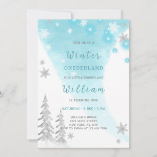 Blue Winter Onederland Anniversaire Invitation