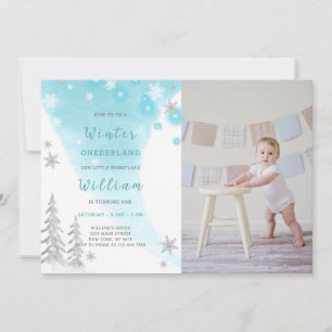 Blue Winter Onederland Birthday Einladung Foto