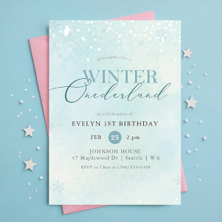 Blue Winter Onederland Snowflake First Birthday Einladung