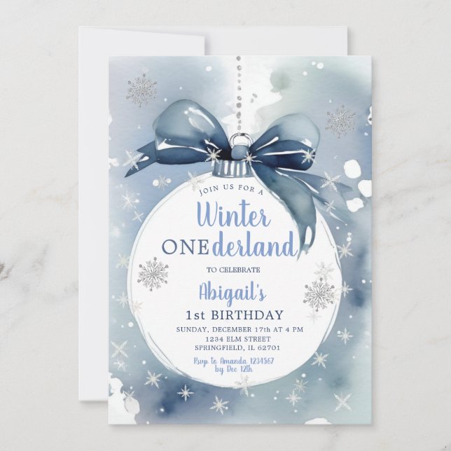 Blue Winter Onederland Weihnachtsschmuck Geburtsta Einladung (Vorderseite)
