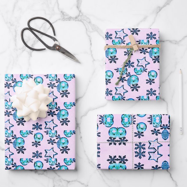 Blue Winter Ornaments Geschenkpapier Set (Vorderseite)
