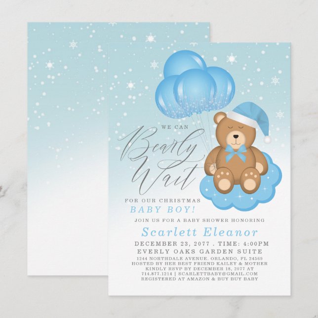 Blue Winter Sleepy Bären Balloons Boy Baby Dusche Einladung (Vorne/Hinten)