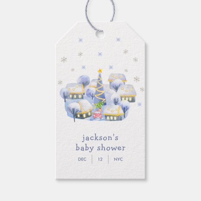 Blue Winter Snow It Take A Village Baby Shower  Geschenkanhänger (Vorderseite)