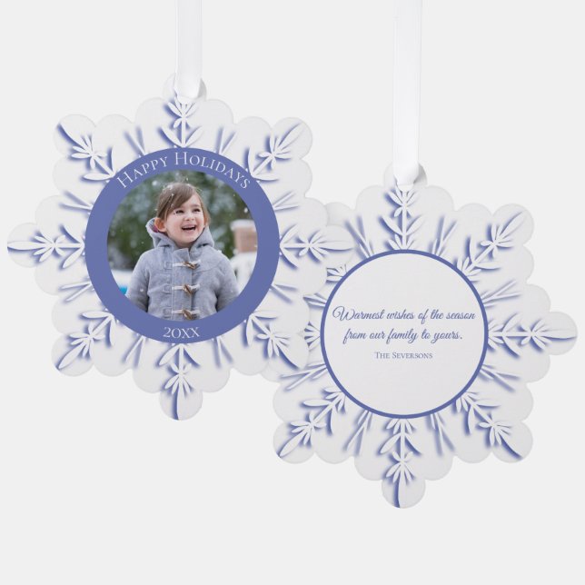 Blue Winter Snowflake Happy Holidays Dated Ornament Karte (Vorderseite/Rückseite)