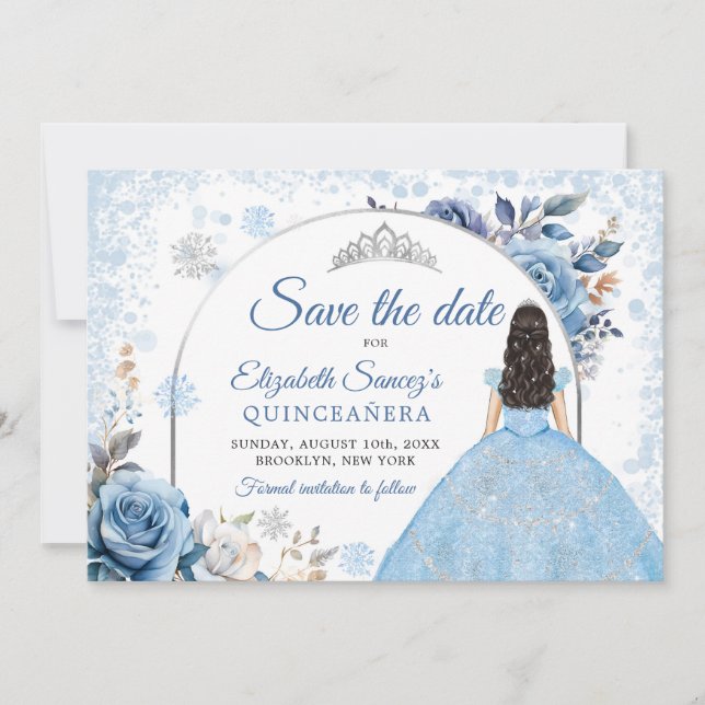 Blue Winter Snowflake Mis Quince Save the Date Einladung (Vorderseite)