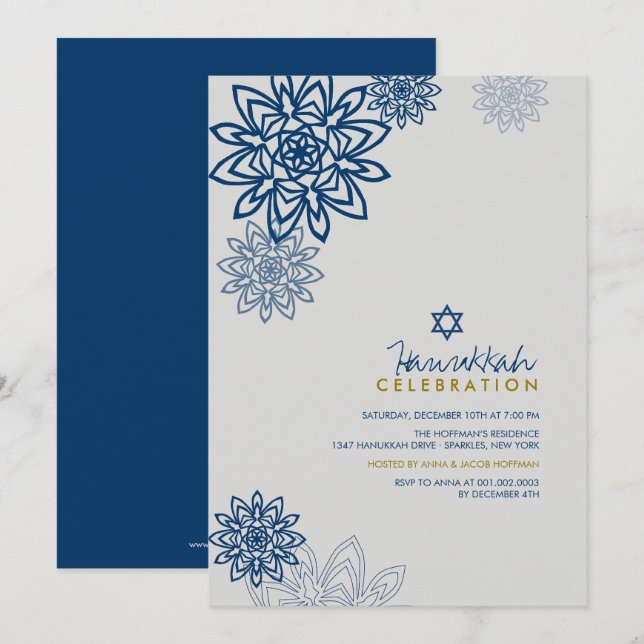 Blue Winter Snowflakes Hanukkah Celebration Party Einladung (Vorne/Hinten)