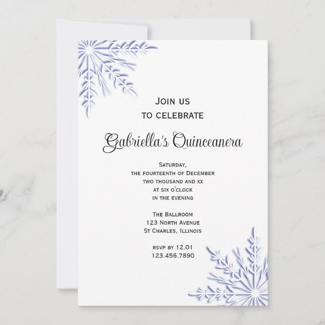 Blue Winter Snowflakes Quinceanera Invitation (Devant)