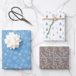 Blue Winter Snowflakes Weihnachtsbäume Geschenkpapier Set