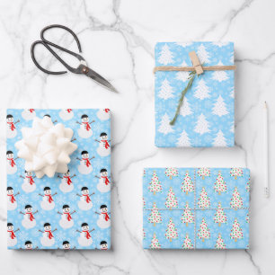 Blue Winter Snowman und Weihnachtsbaum Geschenkpapier Set