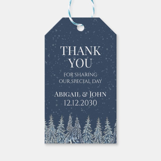 Blue Winter Snowy Forest Wedding Thank You Geschenkanhänger (Vorderseite)