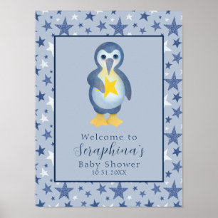 Blue Winter Star Pinguin Baby Dusche Willkommen Poster
