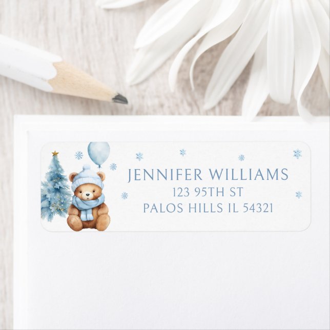 Blue Winter Teddy Bear Baby Shower Return Address (Insitu)