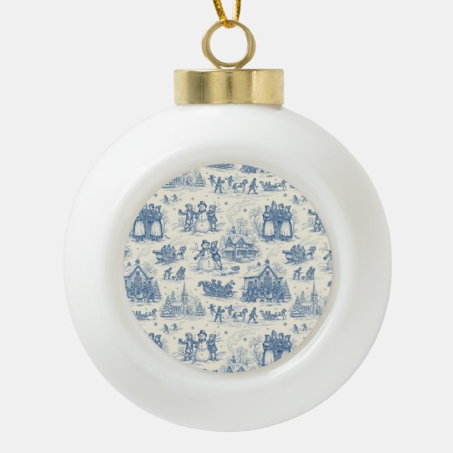Blue Winter Toile Chinoiserie Keramik Kugel-Ornament (Vorderseite)