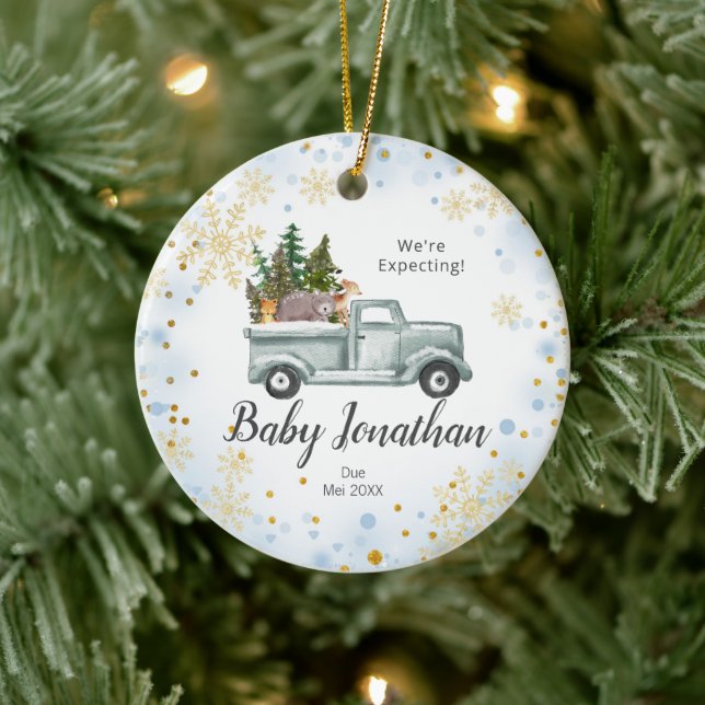 Blue Winter Truck We're Expecting Eltern Keramik Ornament (Baum)