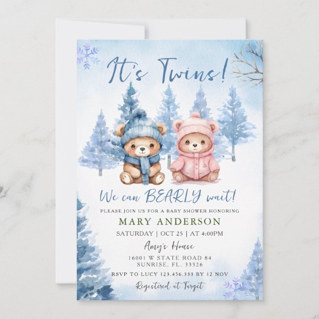 Blue Winter Twins Bear Baby shower Invitation (Devant)
