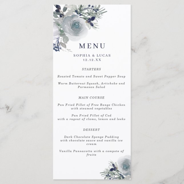 Blue Winter Watercolor Flowers Menu Mariage (Devant)