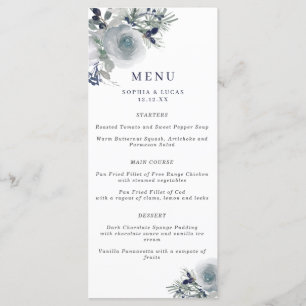 Blue Winter Watercolor Flowers Menu Mariage