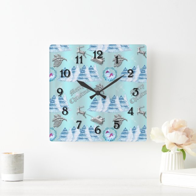 Blue Winter Wonderland Christmas Quadratische Wanduhr (Zuhause)