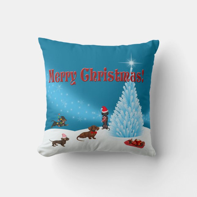 Blue Winter Wonderland Dackel Christmas Pillow Kissen (Vorderseite)