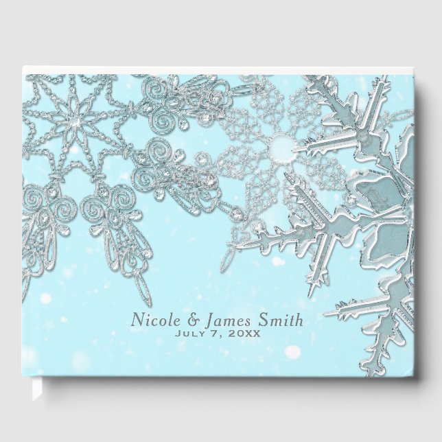 Blue Winter Wonderland Elegante Schneeflocken Hoch Gästebuch (Vorderseite)