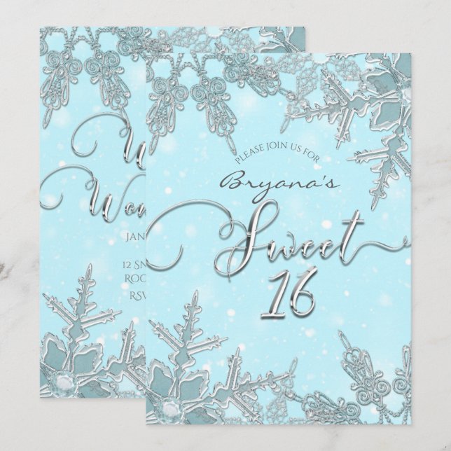 Blue Winter Wonderland Elegante Schneeflocken Süß  Einladung (Vorne/Hinten)