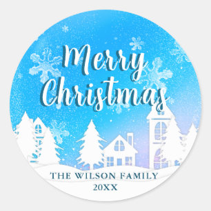 Blue Winter Wonderland Frohe Weihnachten Runder Aufkleber
