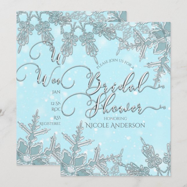Blue Winter Wonderland Snowflakes Brautparty Einladung (Vorne/Hinten)