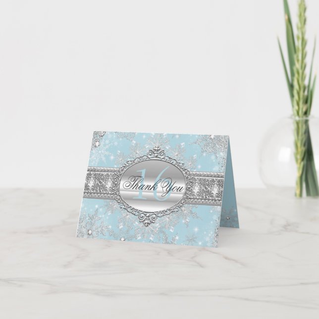 Blue Winter Wonderland Sweet 16 Danke Karte (Vorderseite)