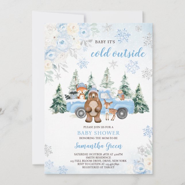 Blue Winter Woodland Baby Dusche Einladung (Vorderseite)
