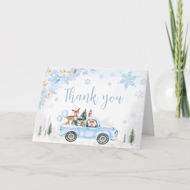 Blue Winter Woodland Truck Baby Dusche Dankeskarte (Vorderseite)