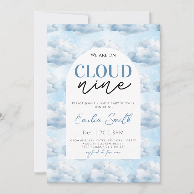 Blue Wir sind auf Cloud Nine Baby Dusche Dusche Einladung (Vorderseite)