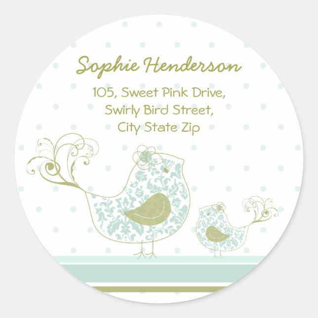 Blue Wirbel Mama & Baby Bird Address Label Runder Aufkleber (Vorderseite)