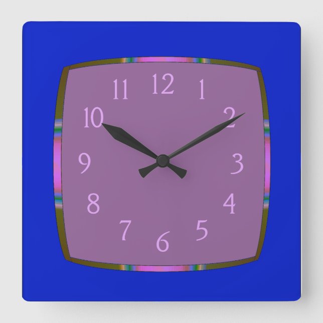Blue with Rainbow Border and Mauve Centre Quadratische Wanduhr (Vorderseite)