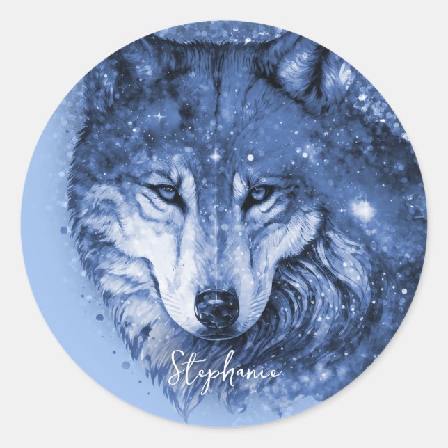 Blue Wolf Name Personalisiert Sticker (Vorderseite)
