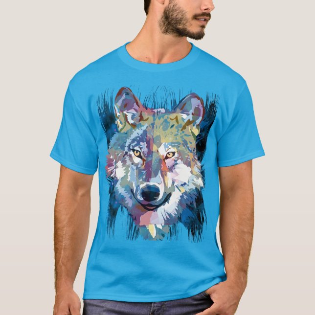 Blue Wolf T - Shirt | Farbenfrohe Wolf Zeichnend S (Vorderseite)